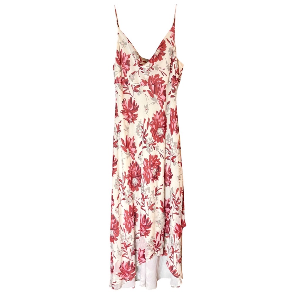 Ann Taylor Floral Silk Midi Dress Womens 4 Cream‎ Pink Asymmetrical Cowl Neck